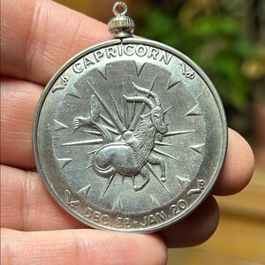 Vintage Capricorn Sea Goat Zodiac Silver & Bronze Coin Pendant